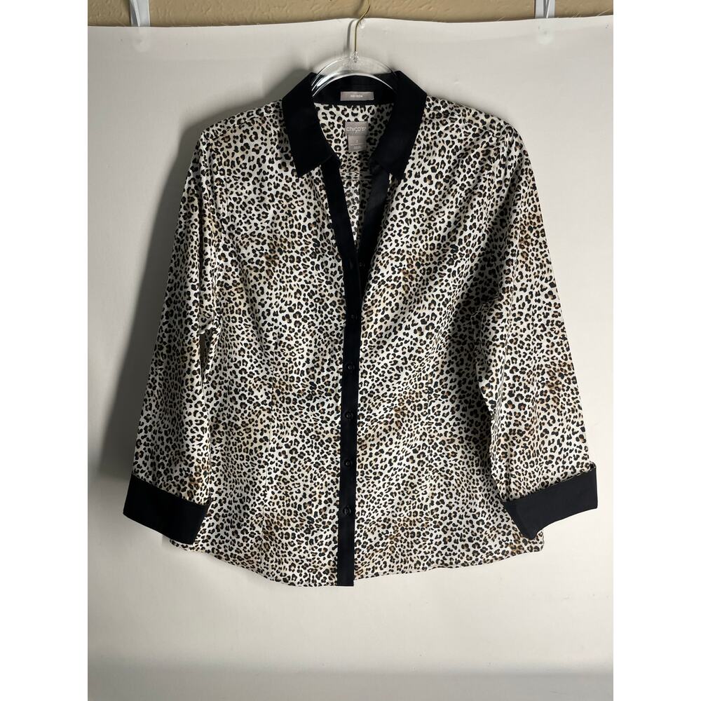 Chico's Leopard Cheetah Print No Iron Button Down Long Sleeve Cotton Size 12/14